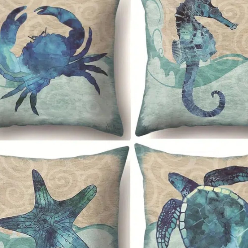 4 Pieces of Sea Crab Sea Horse Sea Turtle Sea Star Pillow Cover Accent 17x17